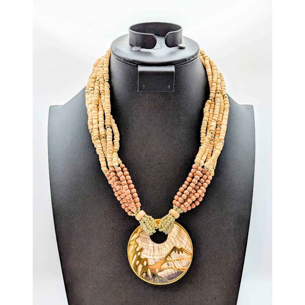Seven Strand Wood Bead Gold Tone Shell Mountain Scene Disk Pendant 20" Necklace